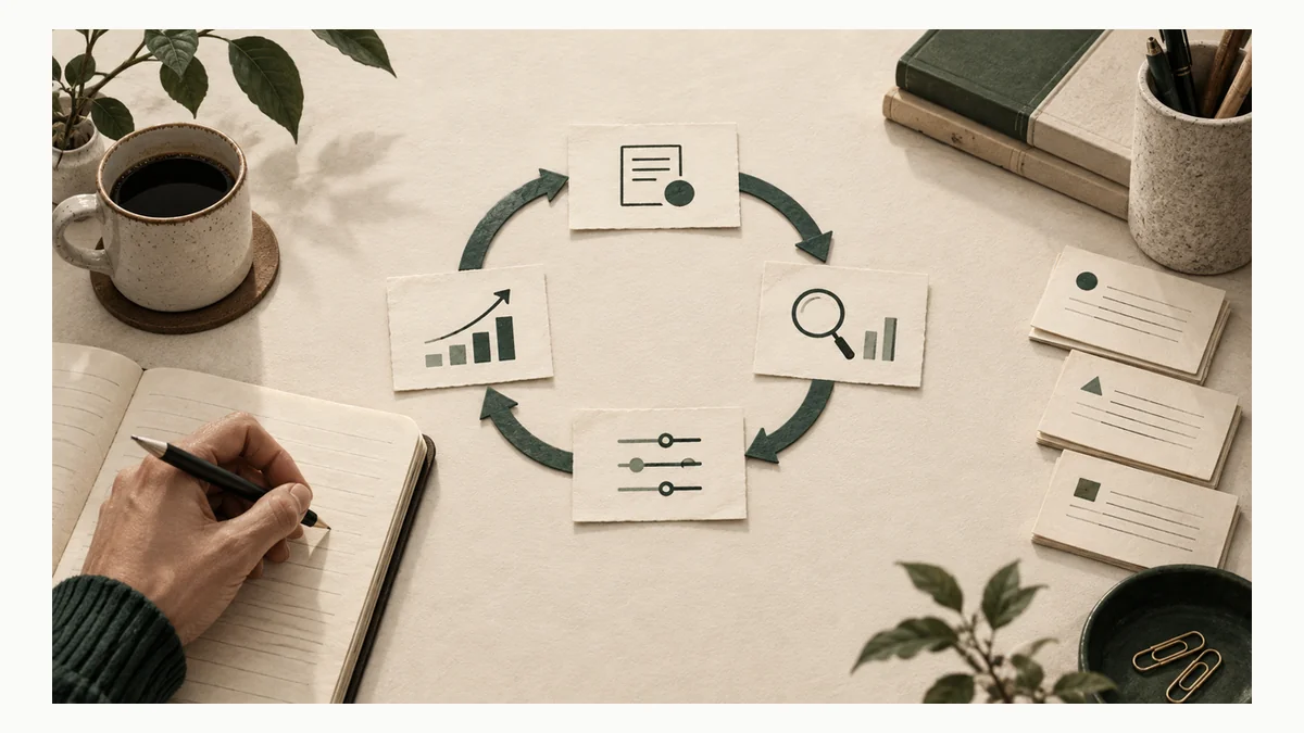 A desk illustration shows document, analysis and improvement symbols connected in a reusable workflow loop.